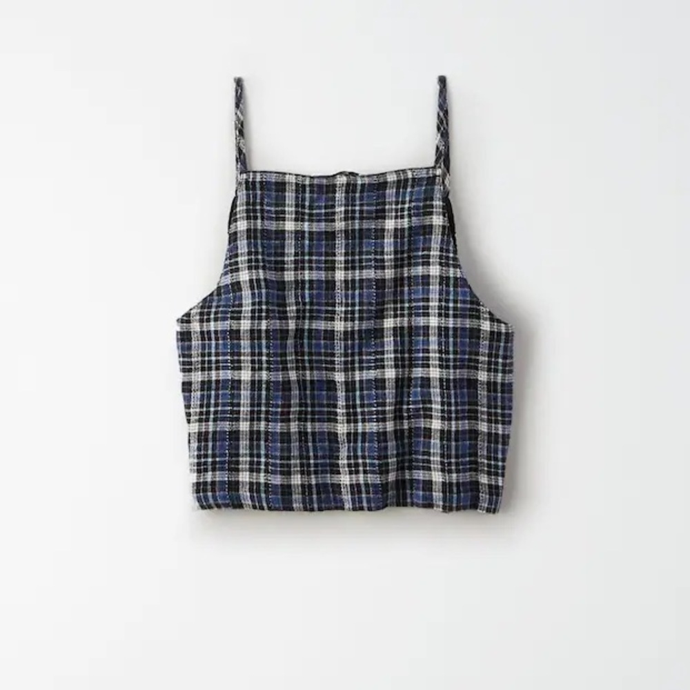 American Eagle Women Blue Plaid High Neck Crop Top.Size- S - Picture 3 of 8